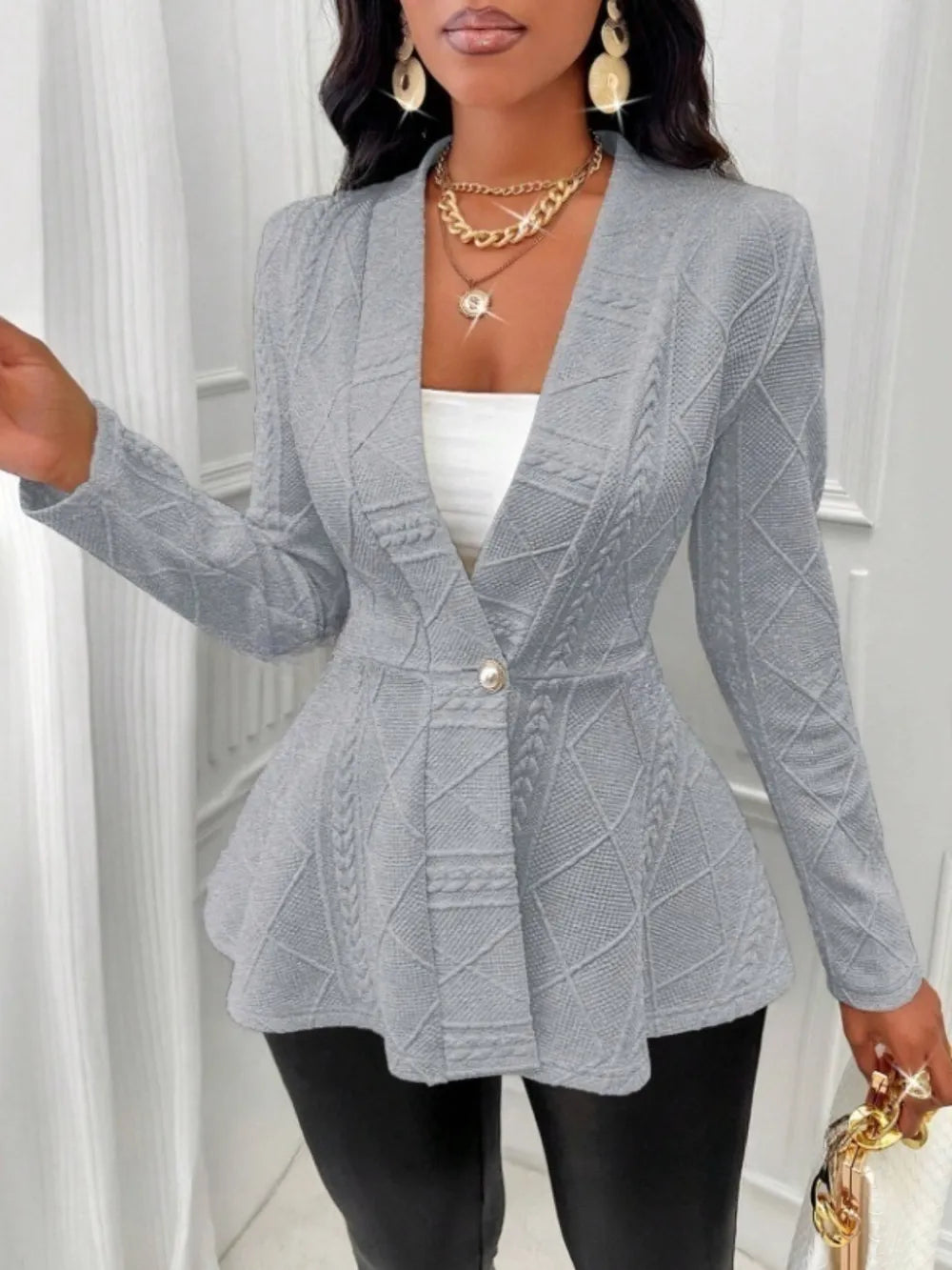One Button Textured Peplum Cardigan - Godess Beauty  #