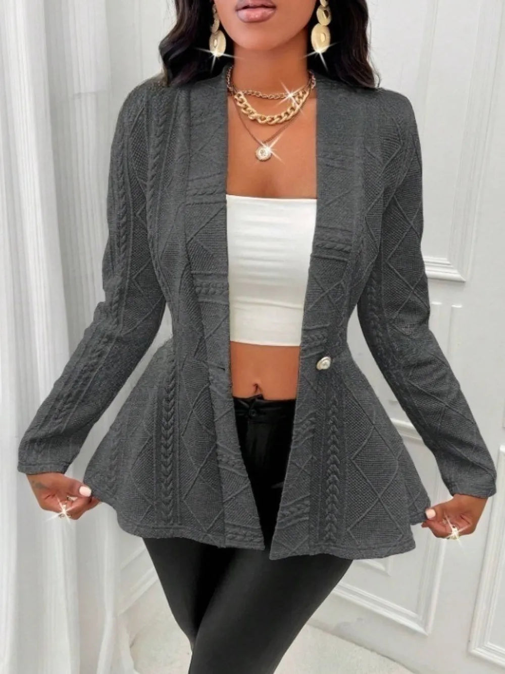 One Button Textured Peplum Cardigan - Godess Beauty  #