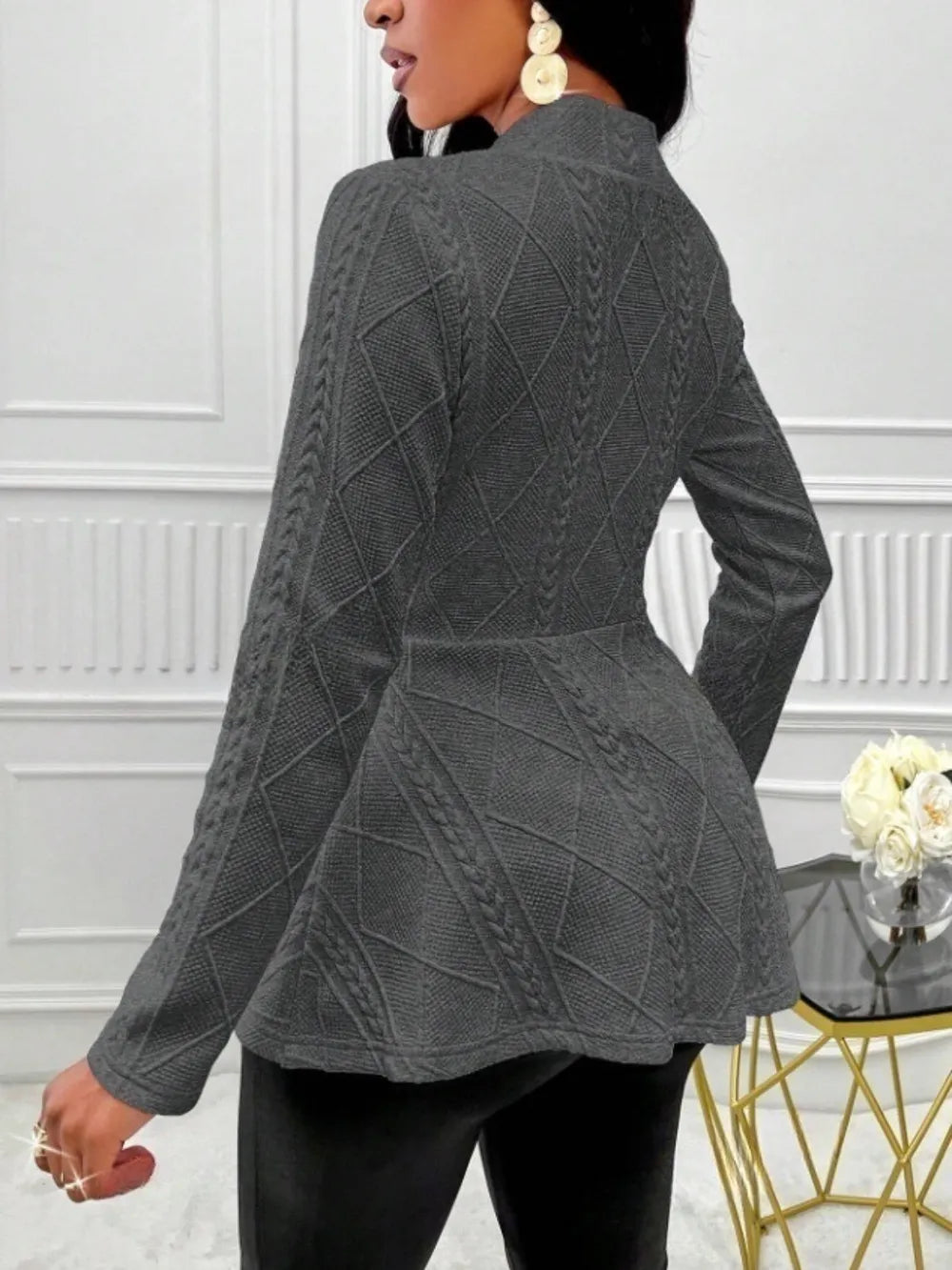 One Button Textured Peplum Cardigan - Godess Beauty  #
