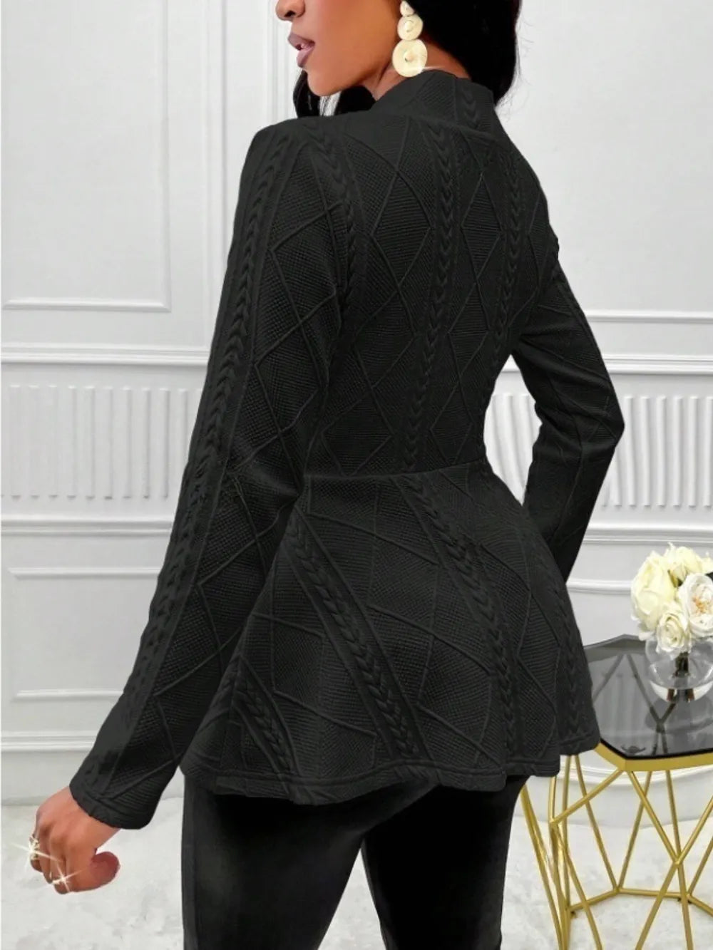 One Button Textured Peplum Cardigan - Godess Beauty  #