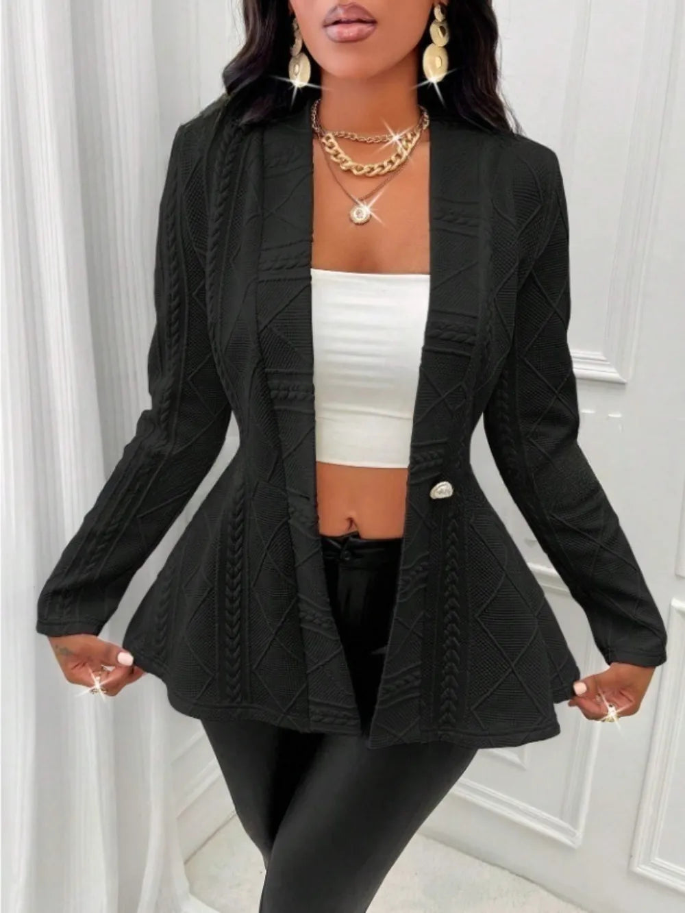 One Button Textured Peplum Cardigan - Godess Beauty  #