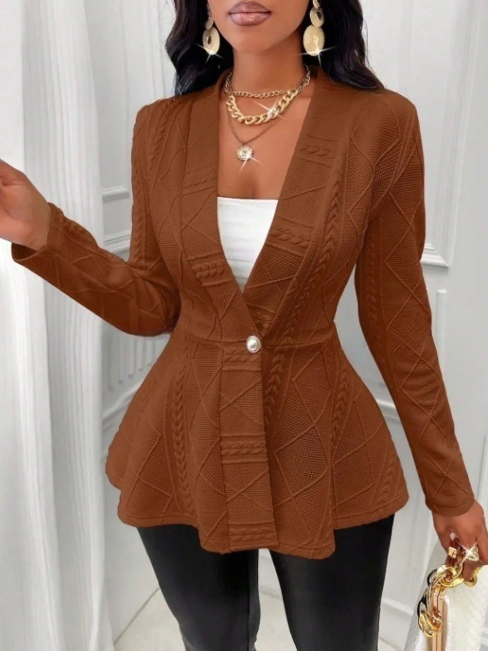 One Button Textured Peplum Cardigan - Godess Beauty  #