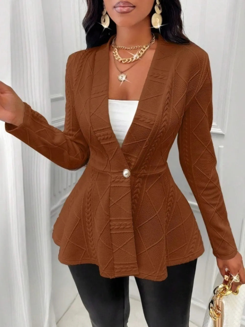 One Button Textured Peplum Cardigan - Godess Beauty  #