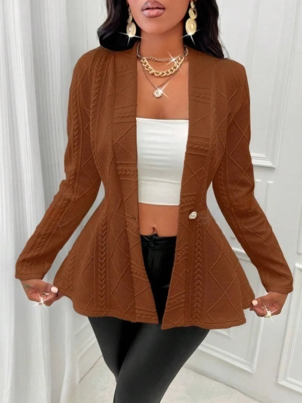 One Button Textured Peplum Cardigan - Godess Beauty  #