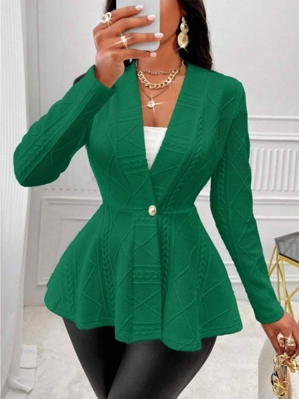 One Button Textured Peplum Cardigan - Godess Beauty  #