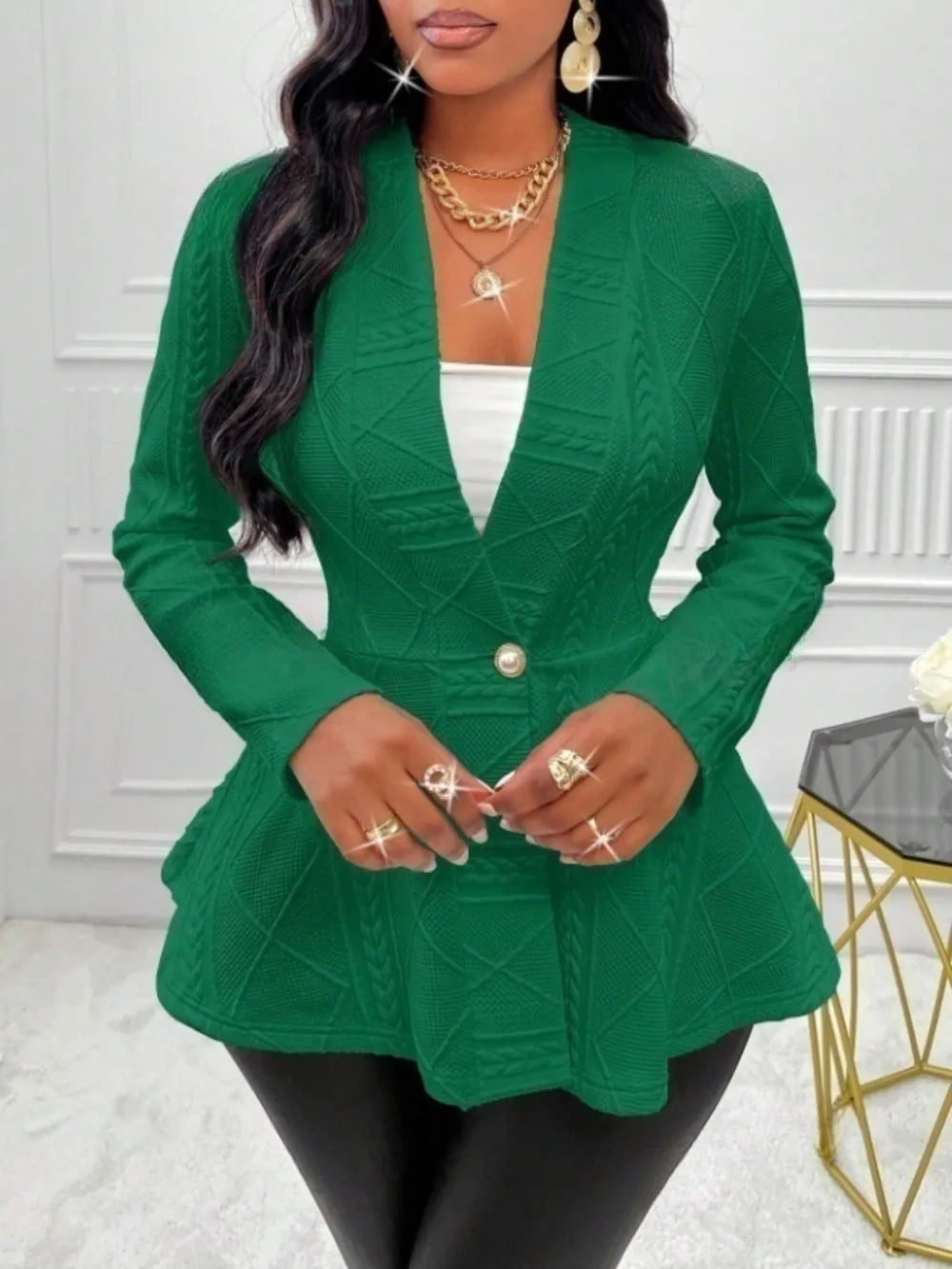 One Button Textured Peplum Cardigan - Godess Beauty  #