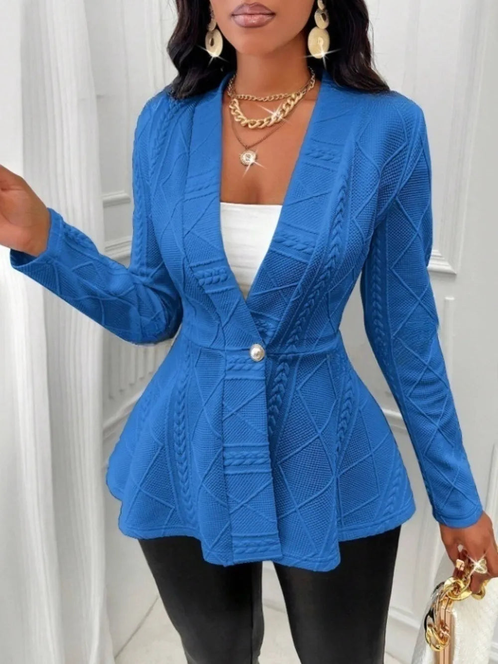 One Button Textured Peplum Cardigan - Godess Beauty  #