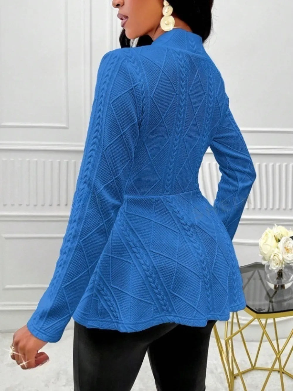 One Button Textured Peplum Cardigan - Godess Beauty  #
