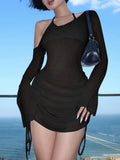 One-Shoulder Bell Sleeve Ruched Mini Cover-Up Dress - Godess beauty  #