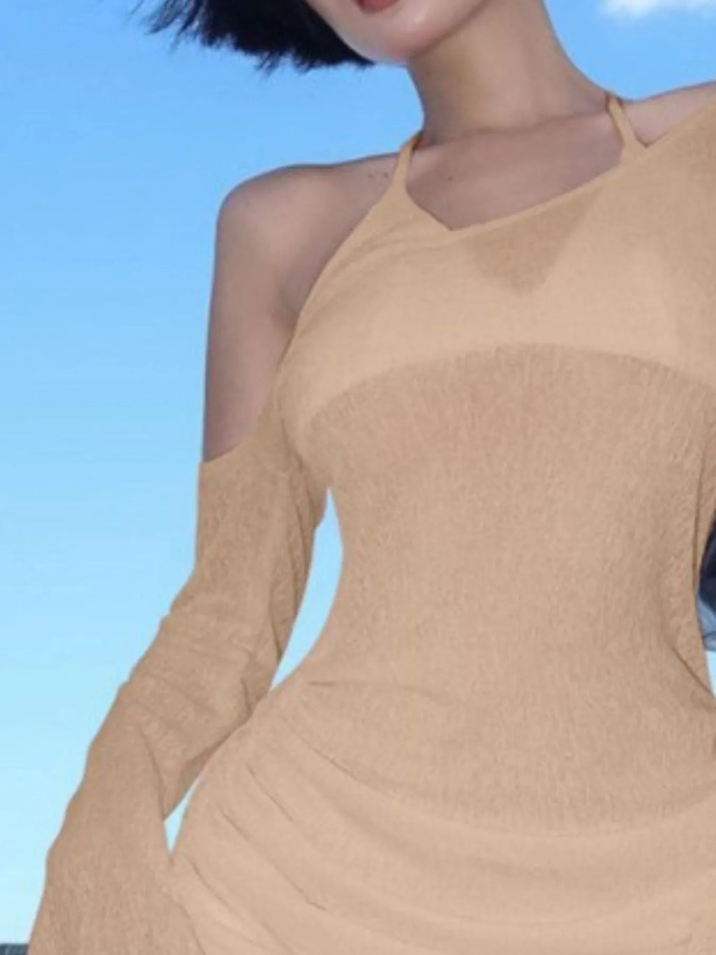 One-Shoulder Bell Sleeve Ruched Mini Cover-Up Dress - Godess beauty  #