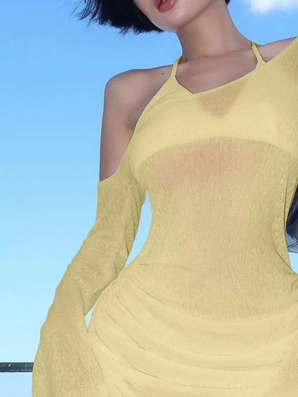 One-Shoulder Bell Sleeve Ruched Mini Cover-Up Dress - Godess beauty  #