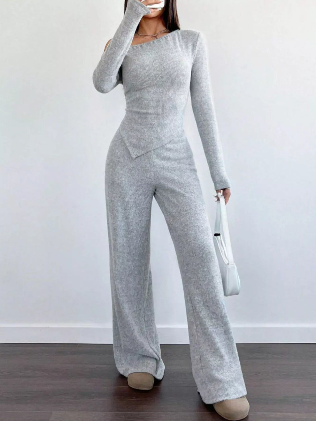 One-Shoulder Long Sleeve Top and Pants Set - Godess beauty  #