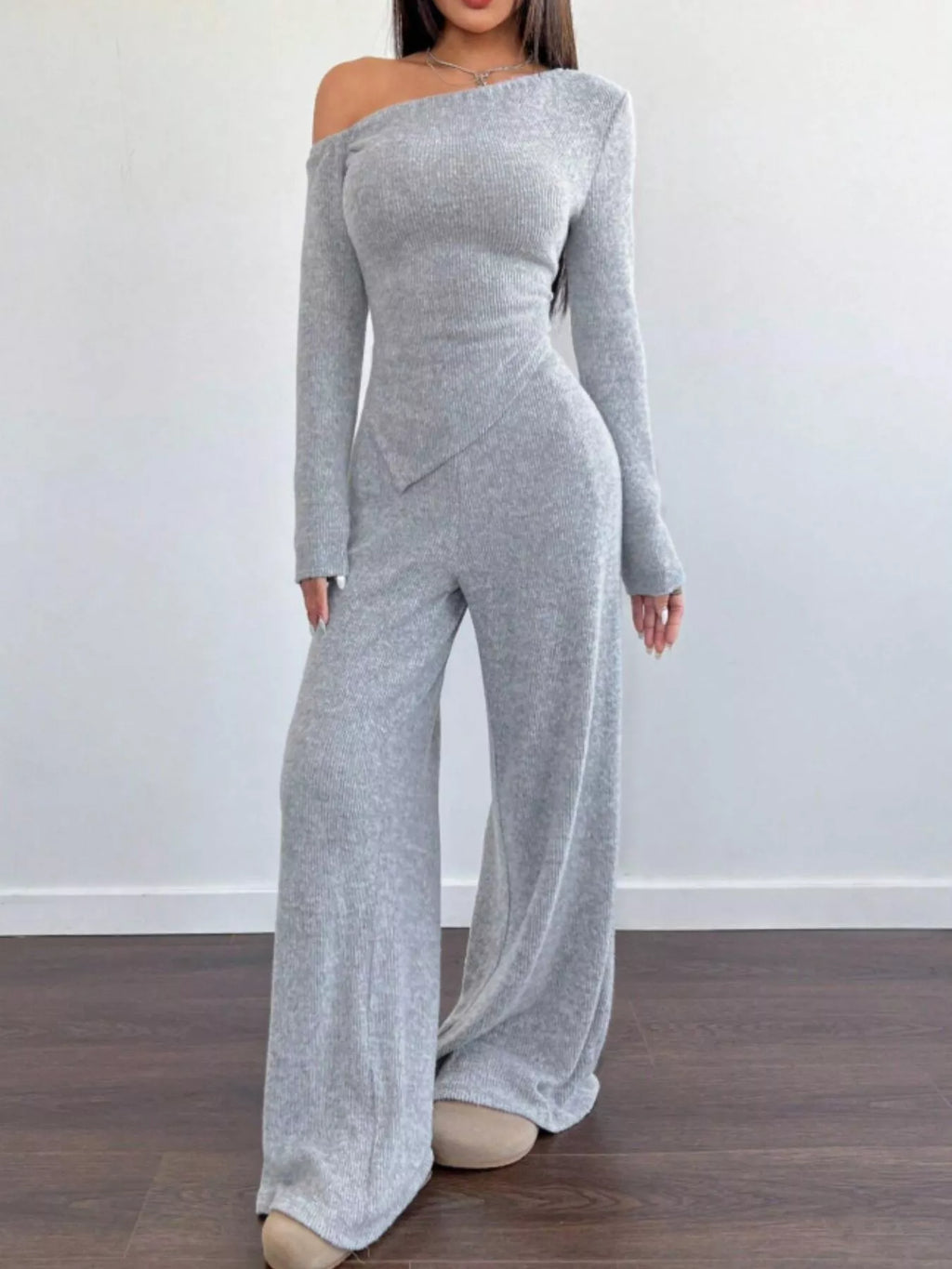 One-Shoulder Long Sleeve Top and Pants Set - Godess beauty  #