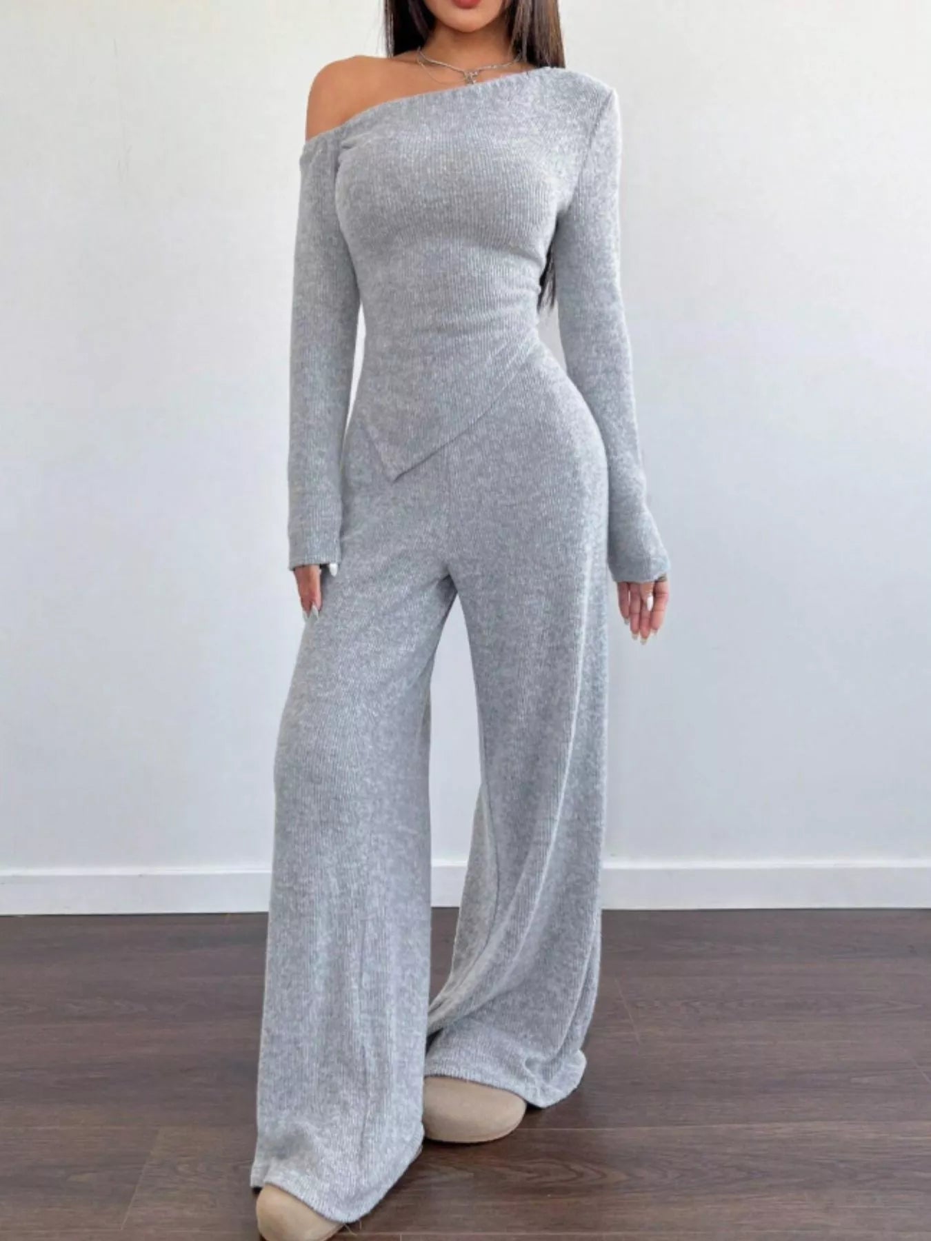 One-Shoulder Long Sleeve Top and Pants Set - Godess beauty  #