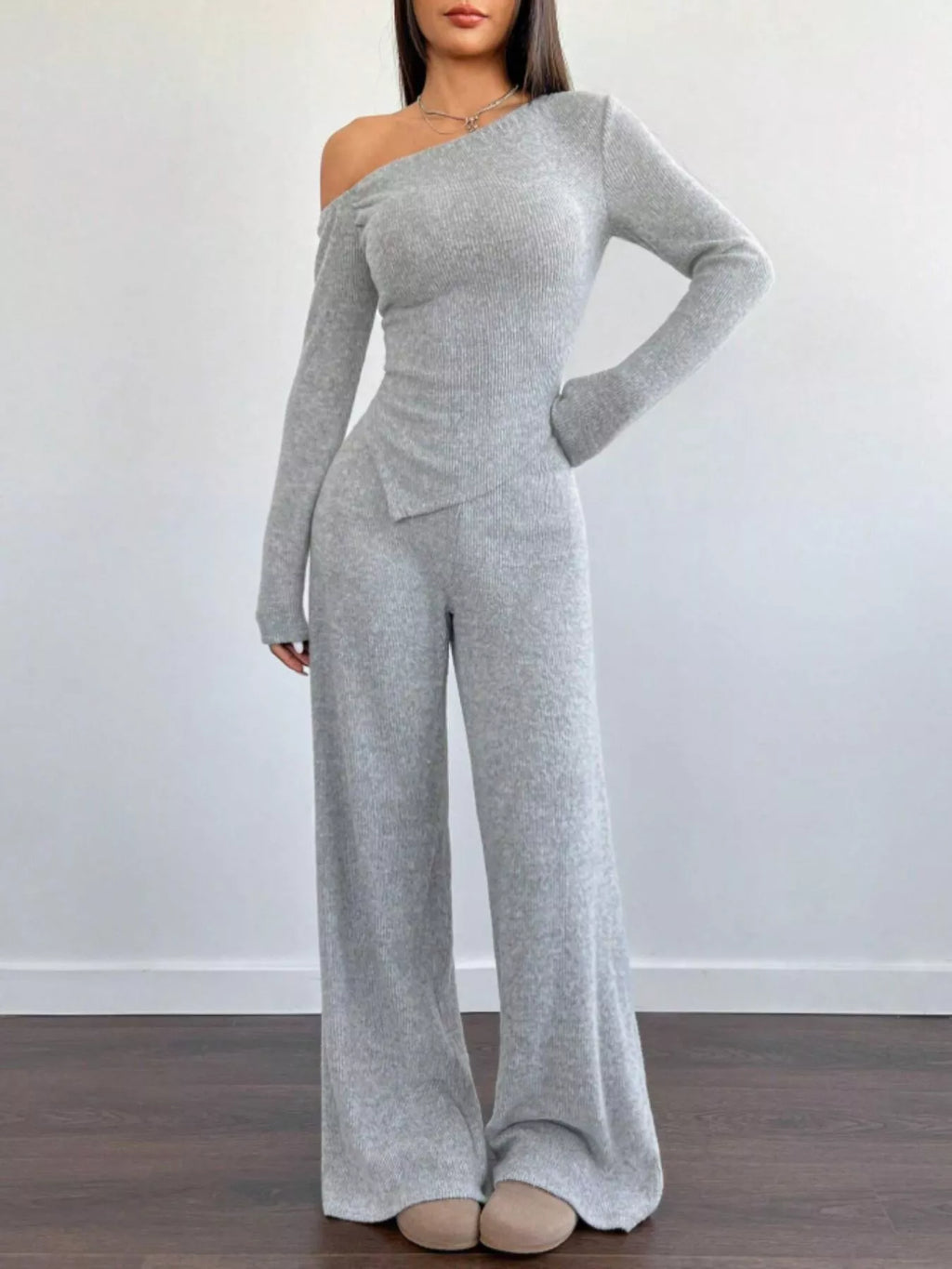 One-Shoulder Long Sleeve Top and Pants Set - Godess beauty  #