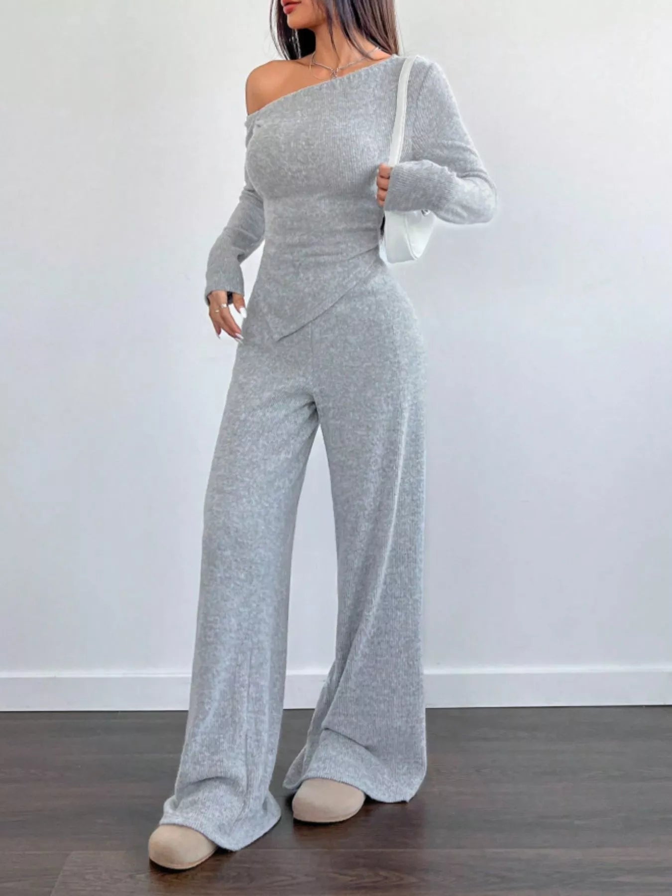 One-Shoulder Long Sleeve Top and Pants Set - Godess beauty  #