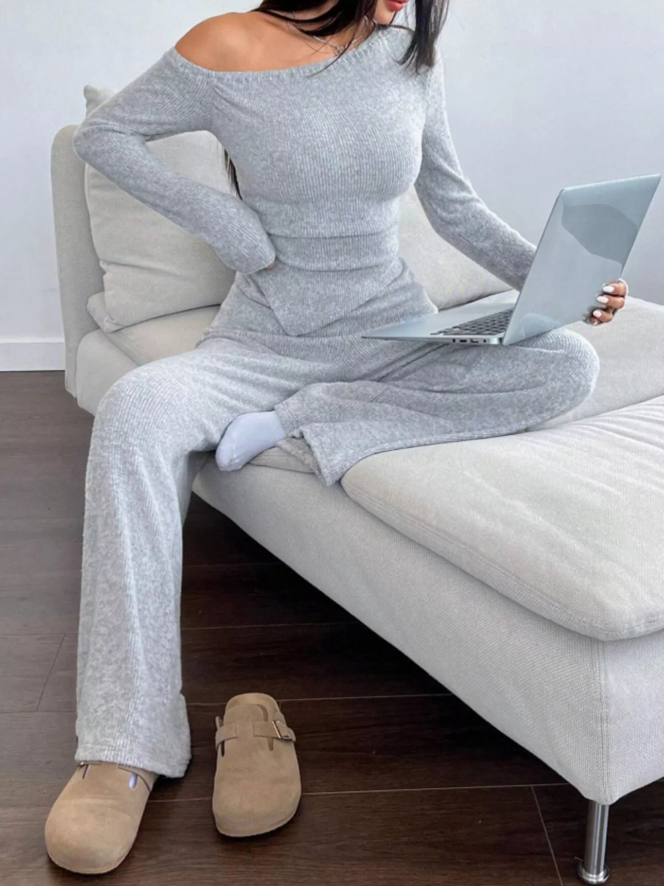 One-Shoulder Long Sleeve Top and Pants Set - Godess beauty  #