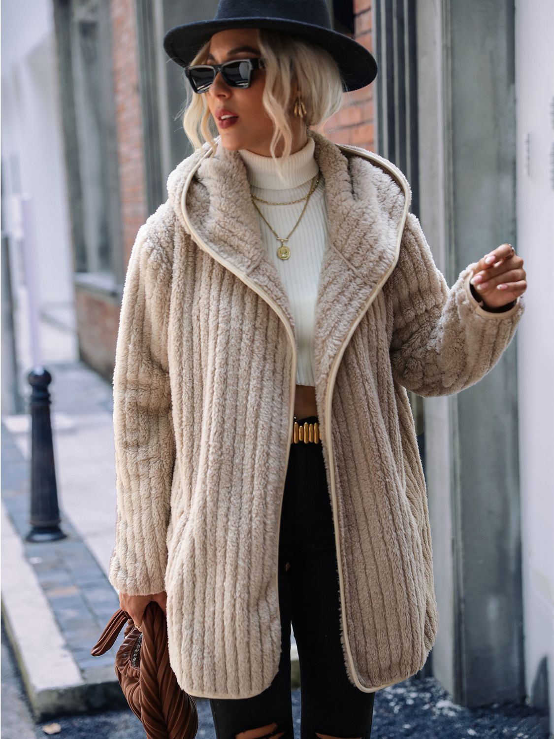 Open Front Ribbed Hooded Coat - Godess Beauty  #