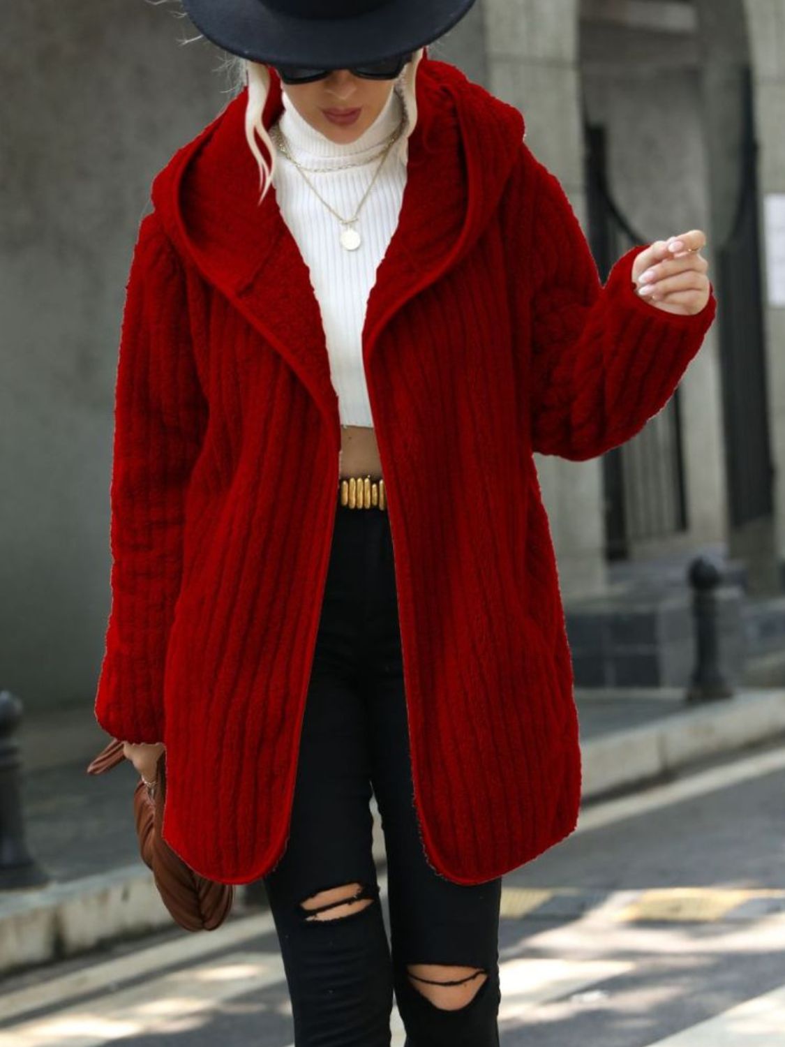 Open Front Ribbed Hooded Coat - Godess Beauty  #