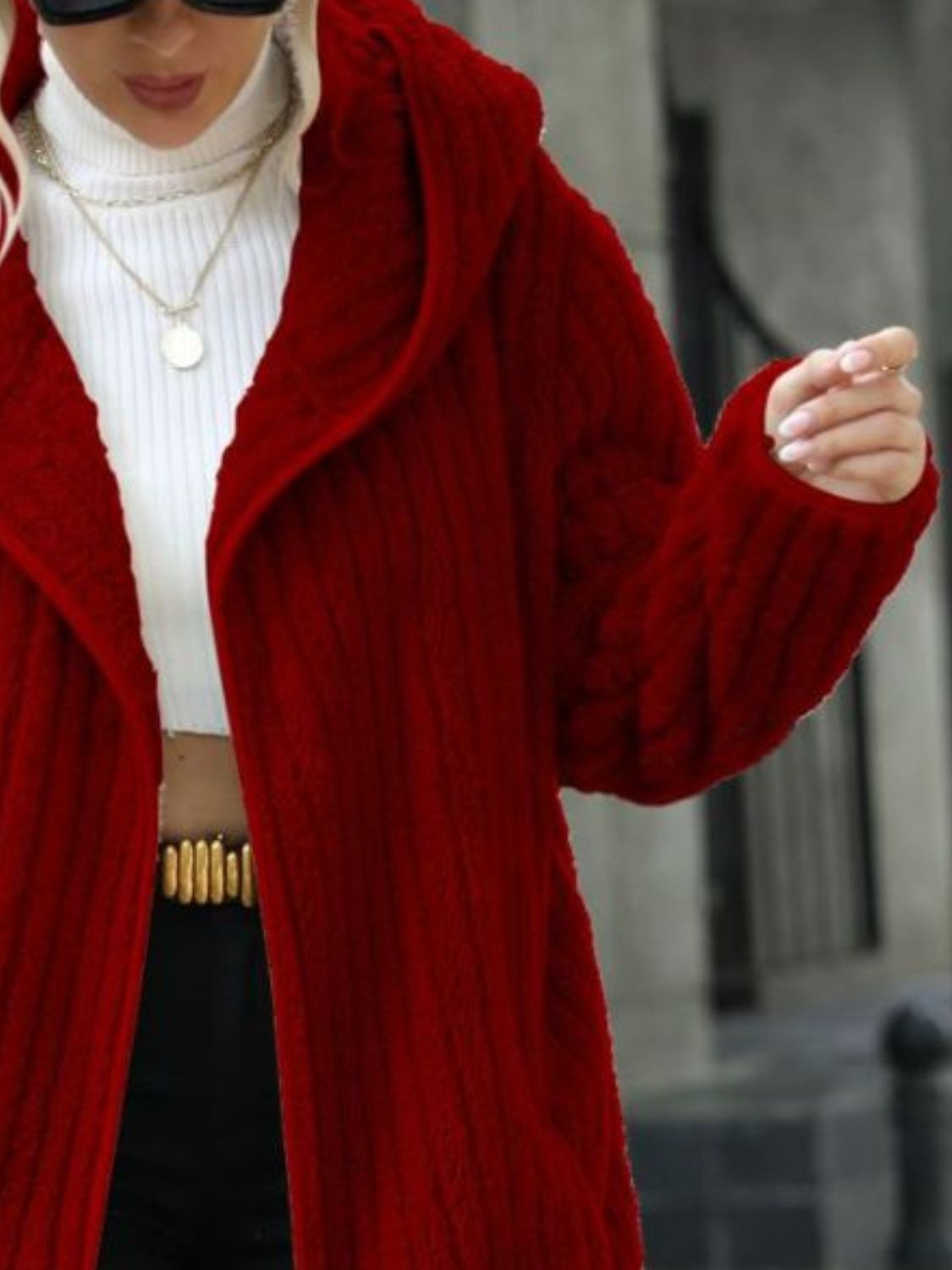 Open Front Ribbed Hooded Coat - Godess Beauty  #