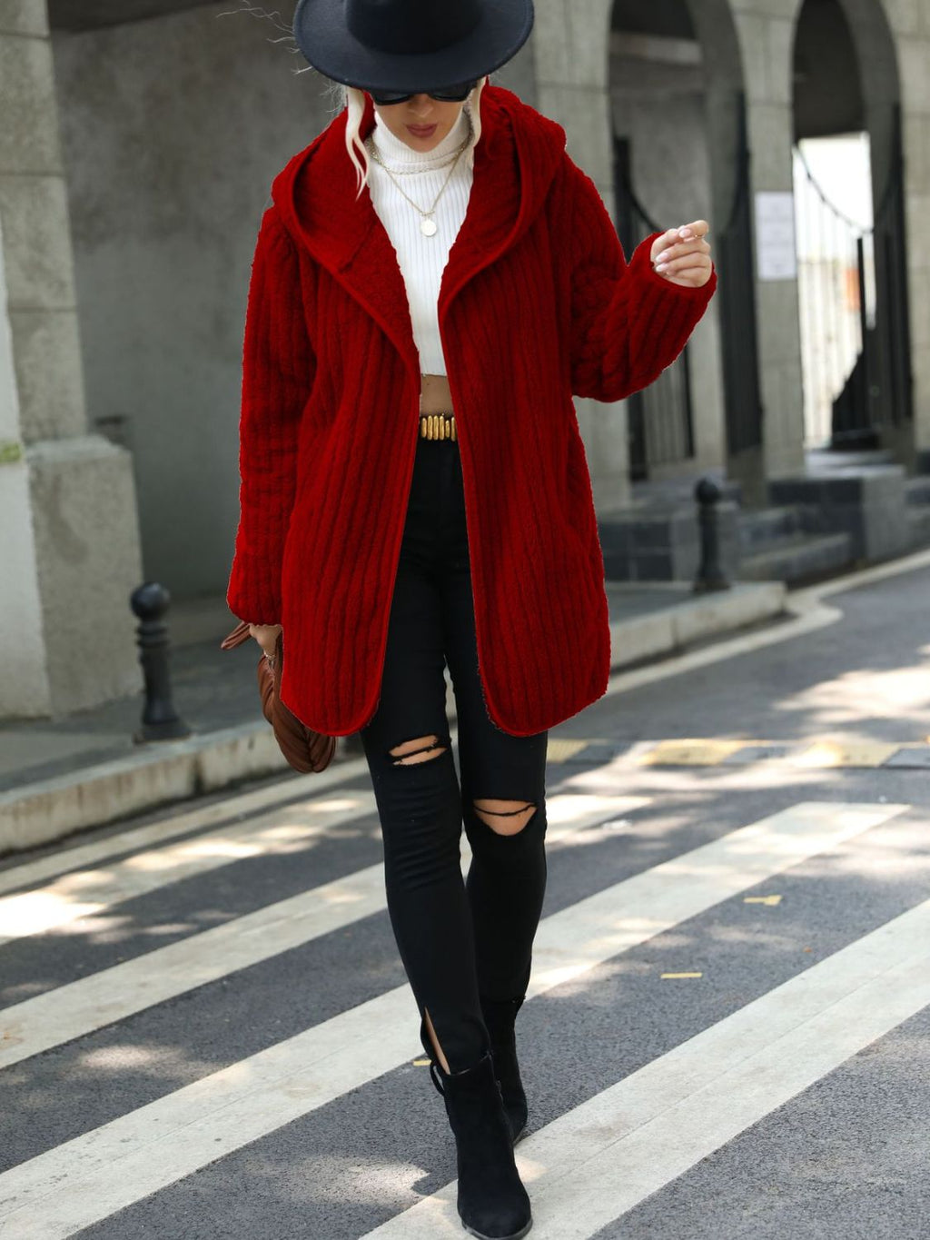 Open Front Ribbed Hooded Coat - Godess Beauty  #