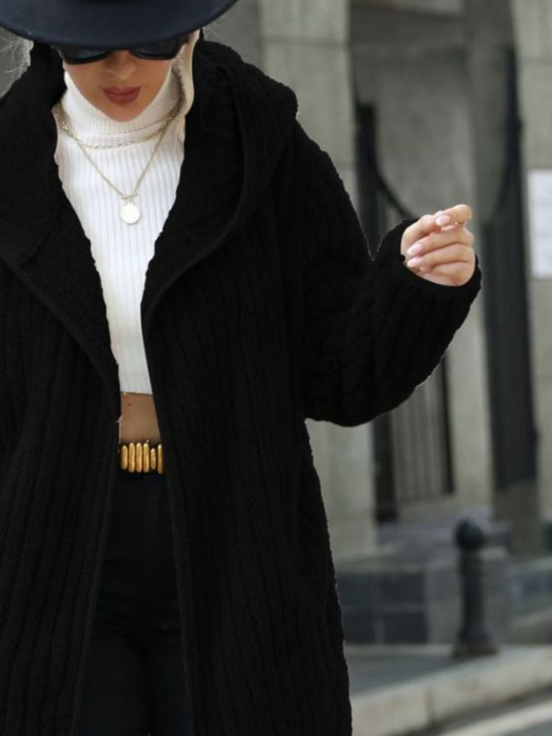 Open Front Ribbed Hooded Coat - Godess Beauty  #