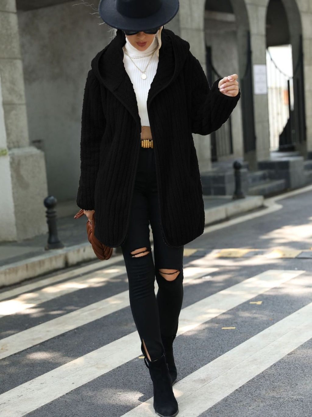Open Front Ribbed Hooded Coat - Godess Beauty  #