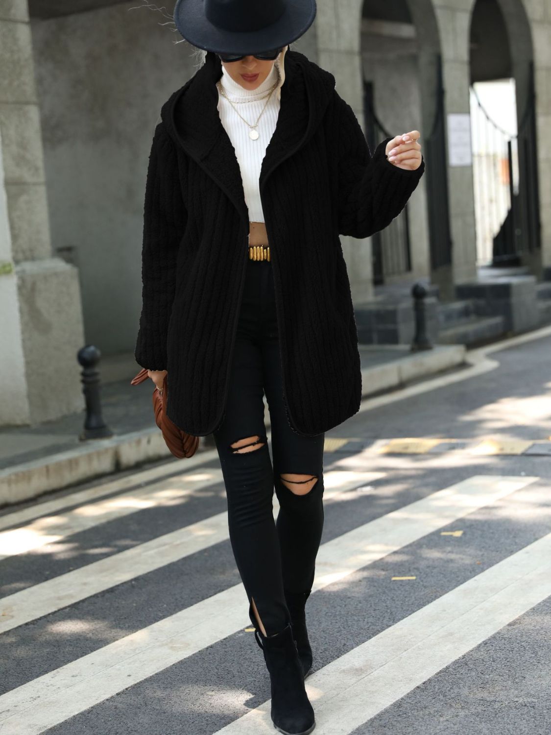 Open Front Ribbed Hooded Coat - Godess Beauty  #