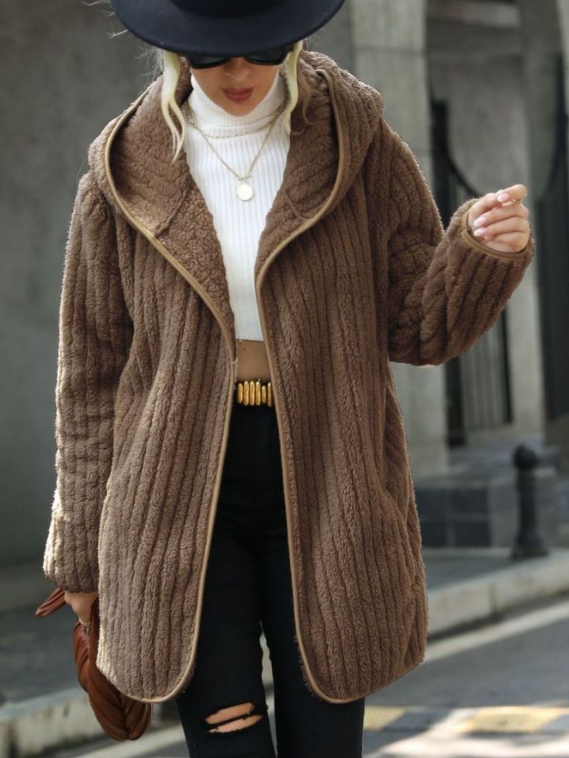 Open Front Ribbed Hooded Coat - Godess Beauty  #