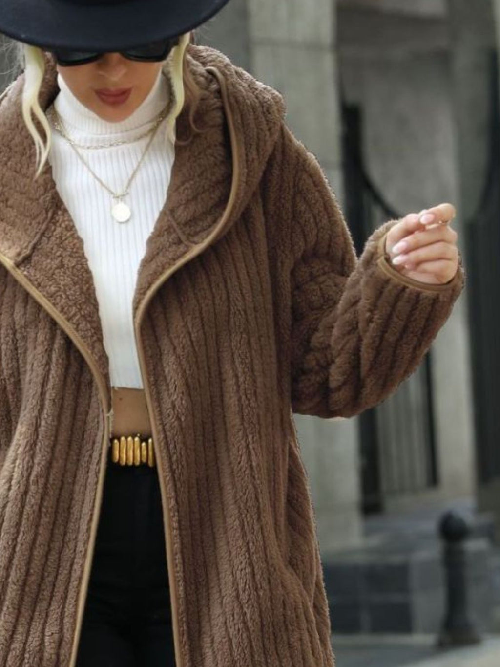 Open Front Ribbed Hooded Coat - Godess Beauty  #