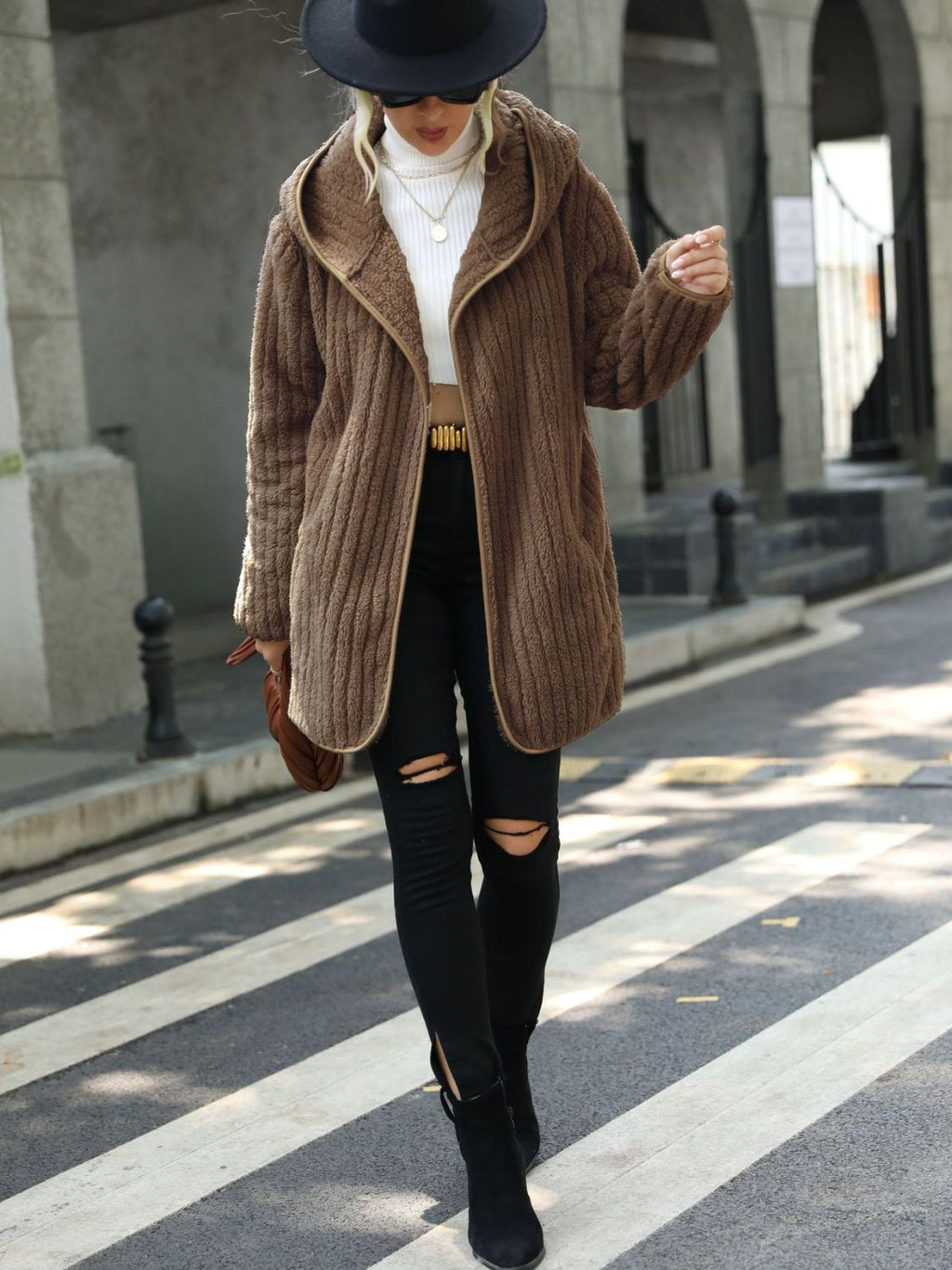 Open Front Ribbed Hooded Coat - Godess Beauty  #