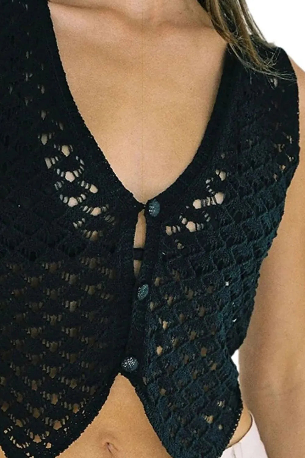Openwork V-Neck Sweater Vest - Godess Beauty  #