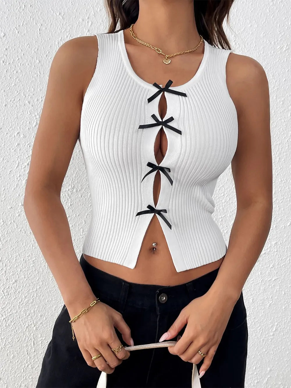 Perfee Bow Front Round Neck Tank - Godess beauty  #