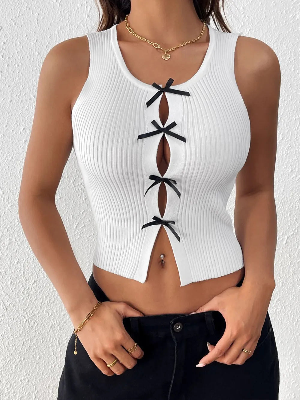 Perfee Bow Front Round Neck Tank - Godess beauty  #