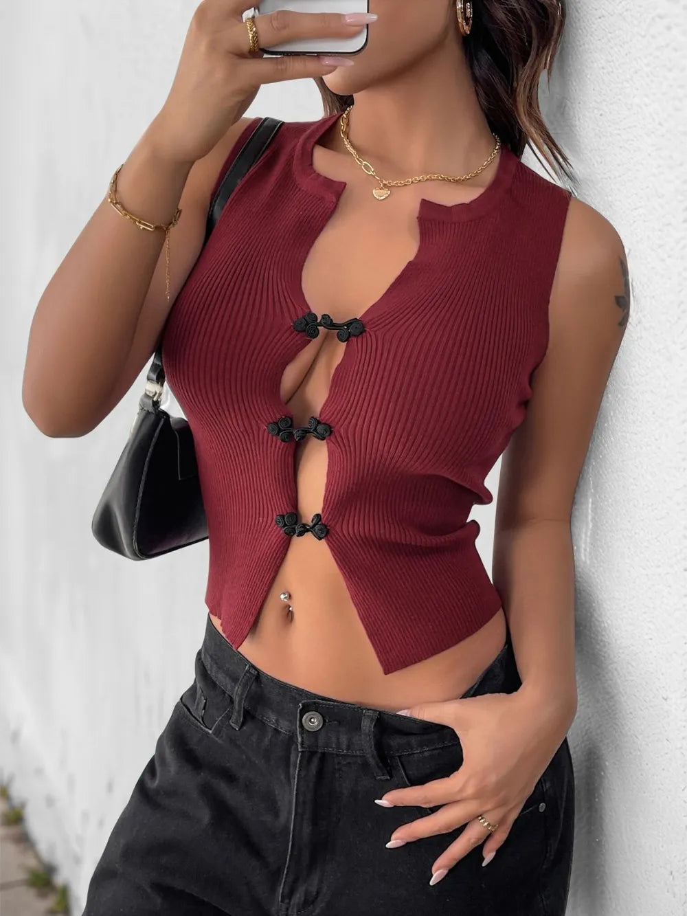 Perfee Ribbed Knot Button Cropped Tank - Godess beauty  #