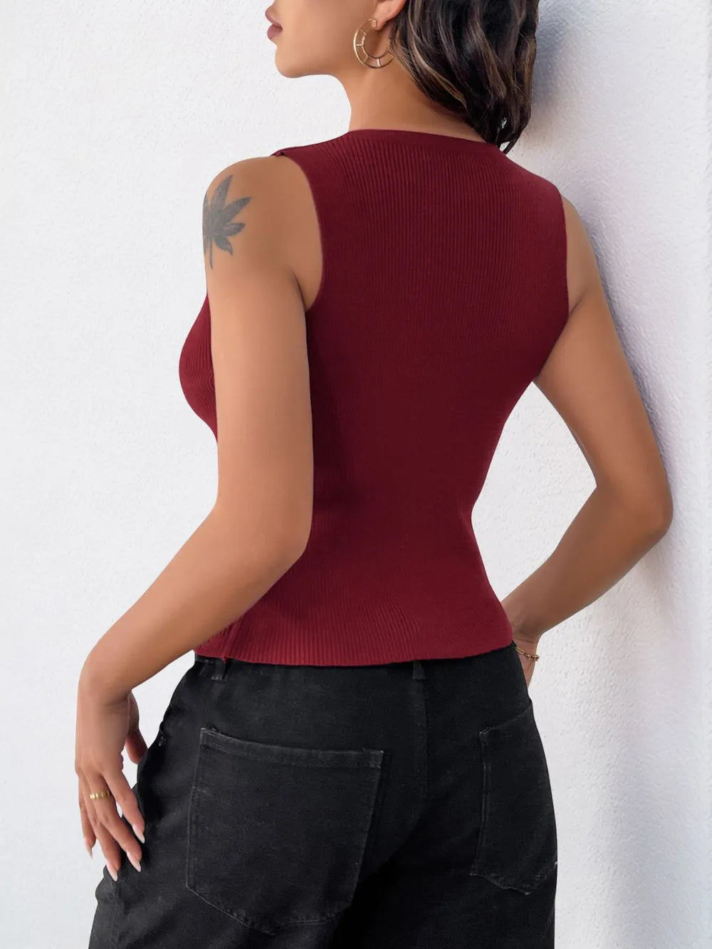 Perfee Ribbed Knot Button Cropped Tank - Godess beauty  #