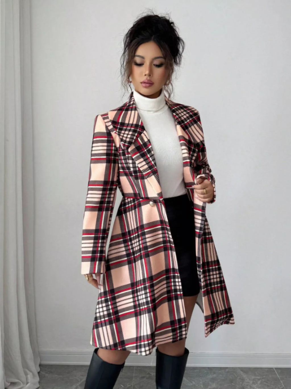 Plaid Button Up Long Sleeve Coat - Godess beauty 