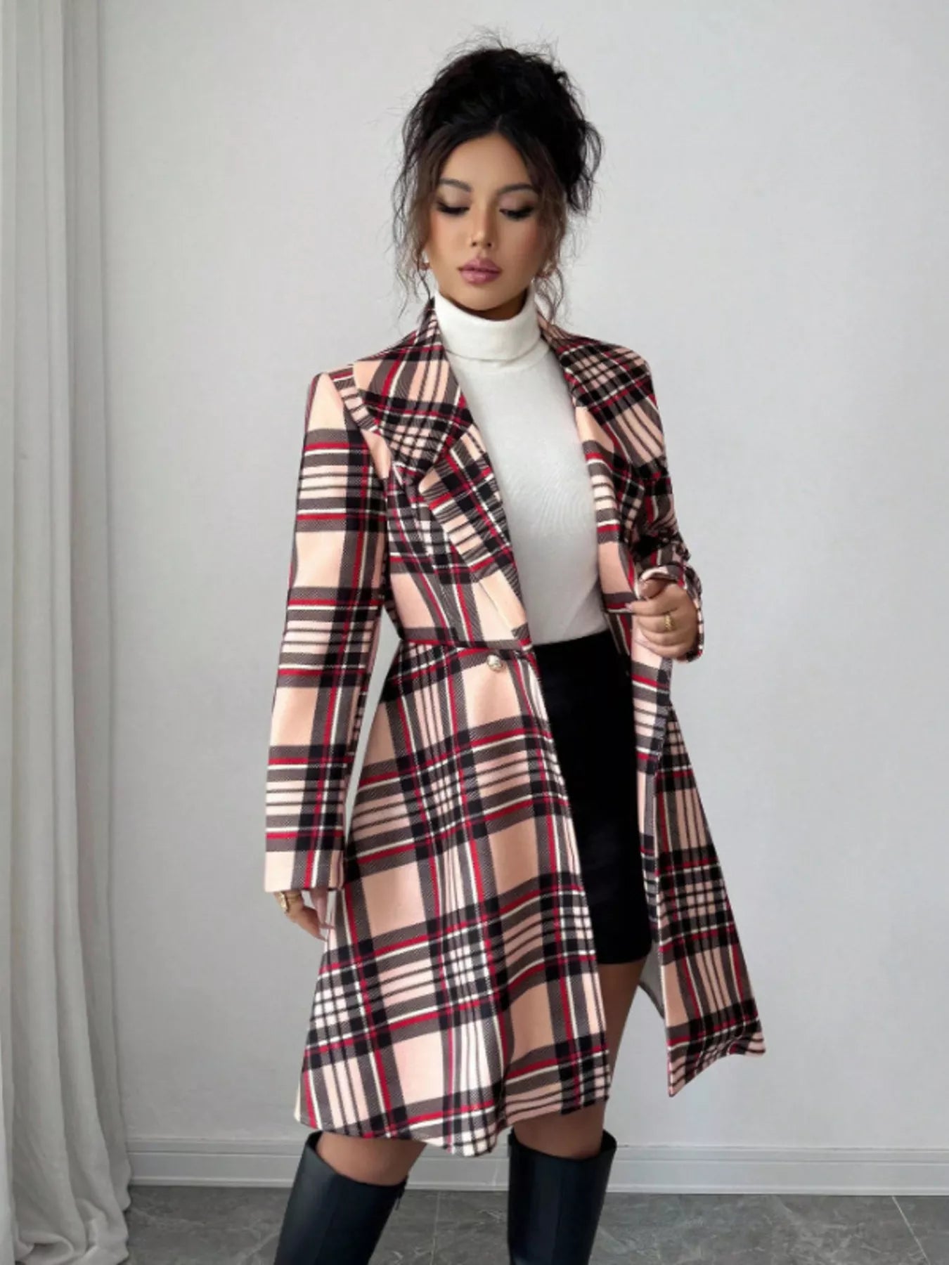 Plaid Button Up Long Sleeve Coat - Godess beauty 