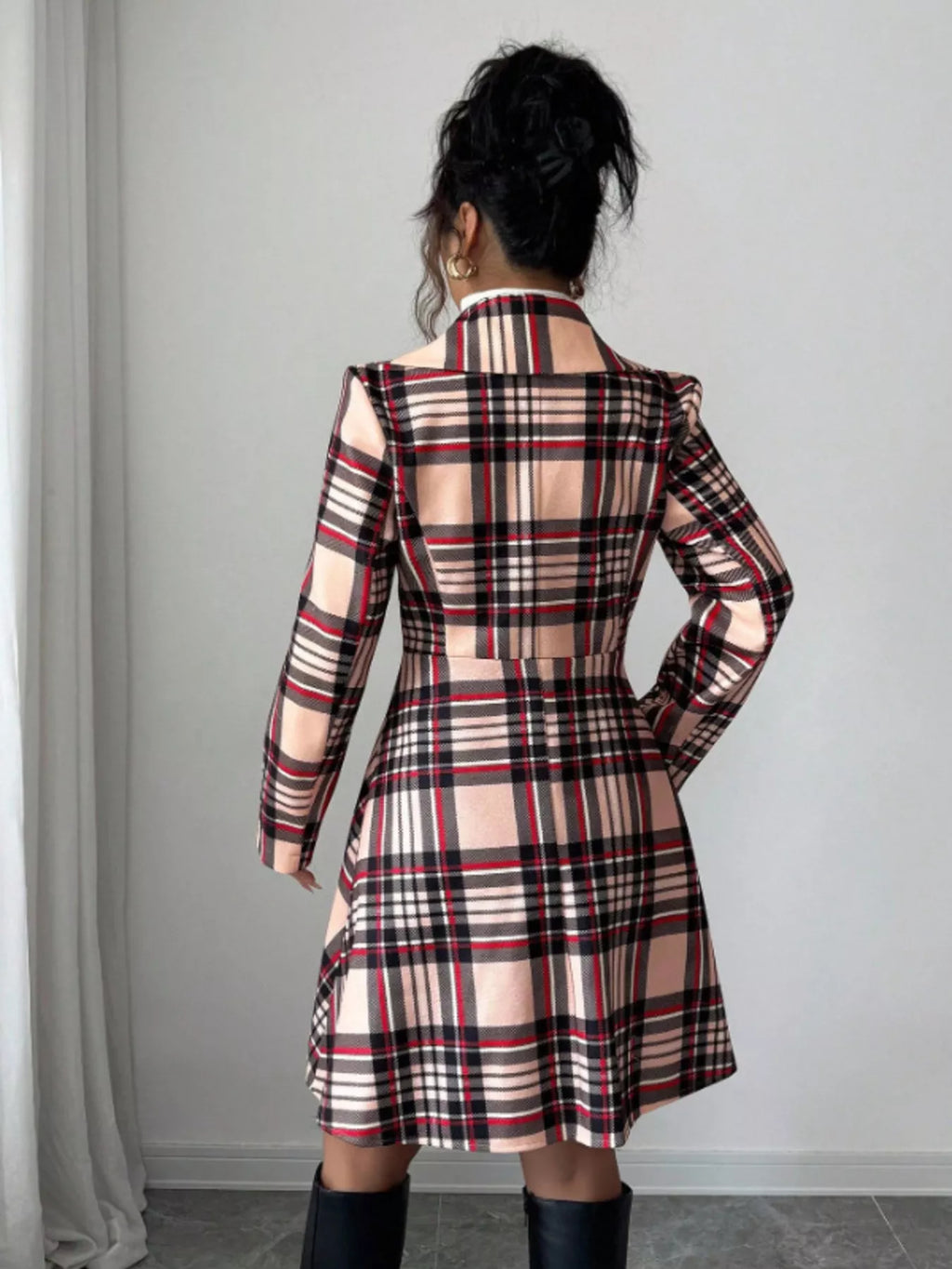 Plaid Button Up Long Sleeve Coat - Godess beauty 
