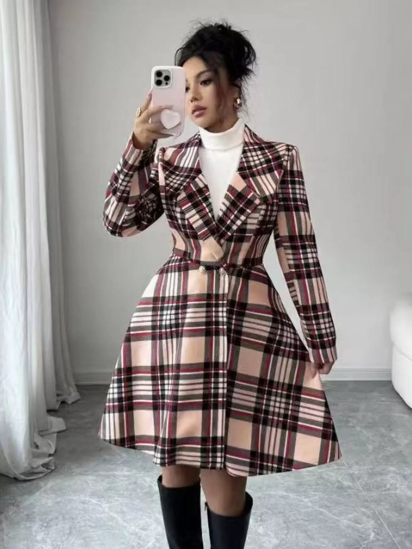 Plaid Button Up Long Sleeve Coat - Godess beauty 