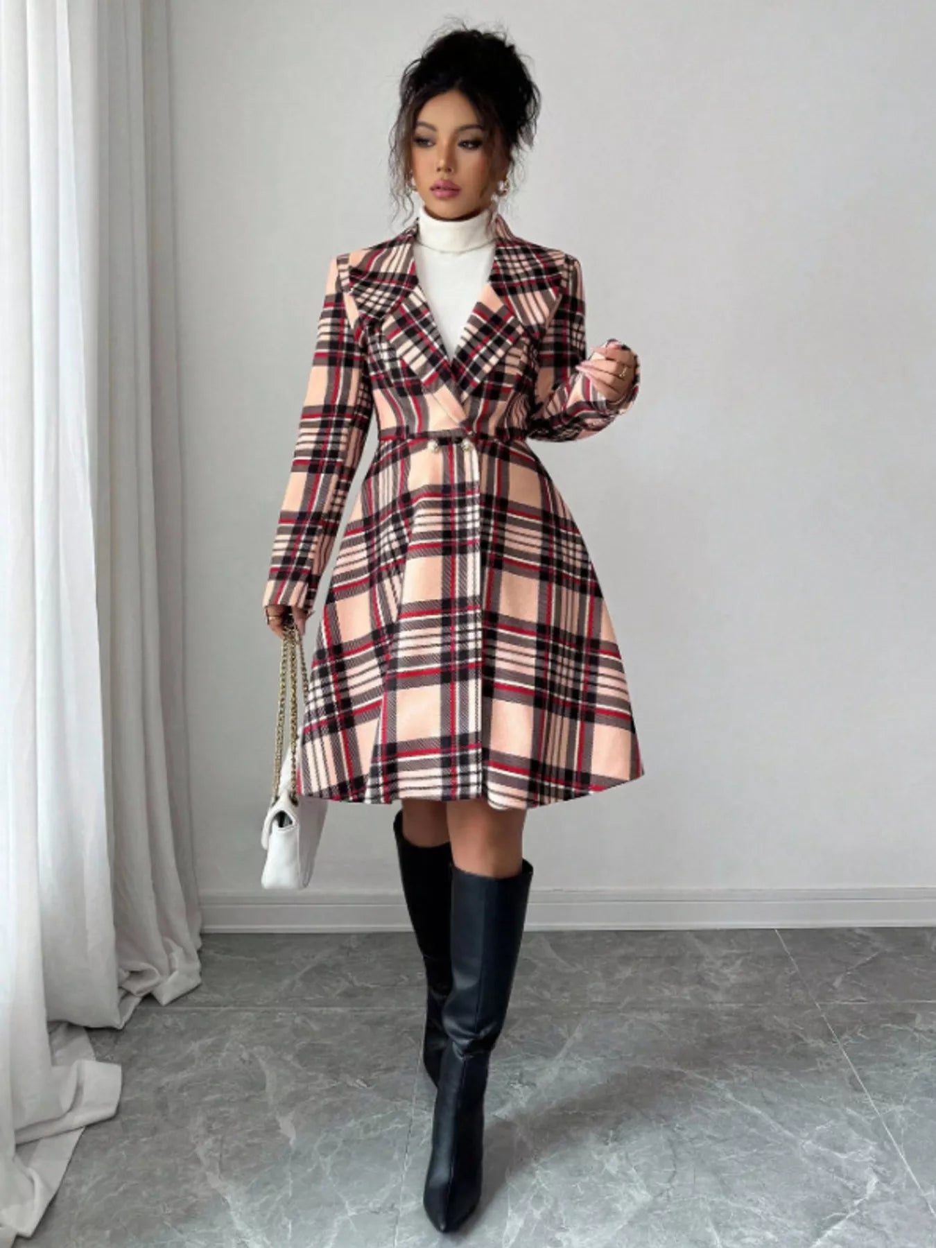 Plaid Button Up Long Sleeve Coat - Godess beauty 