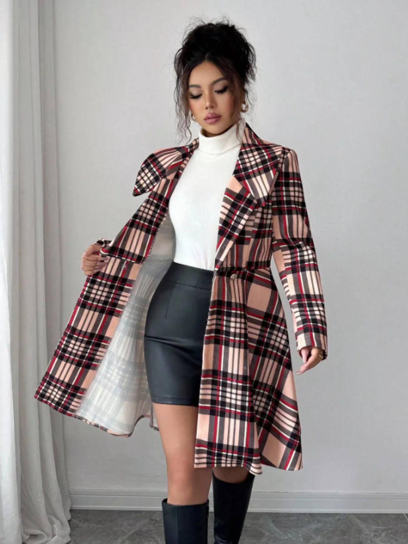 Plaid Button Up Long Sleeve Coat - Godess beauty 