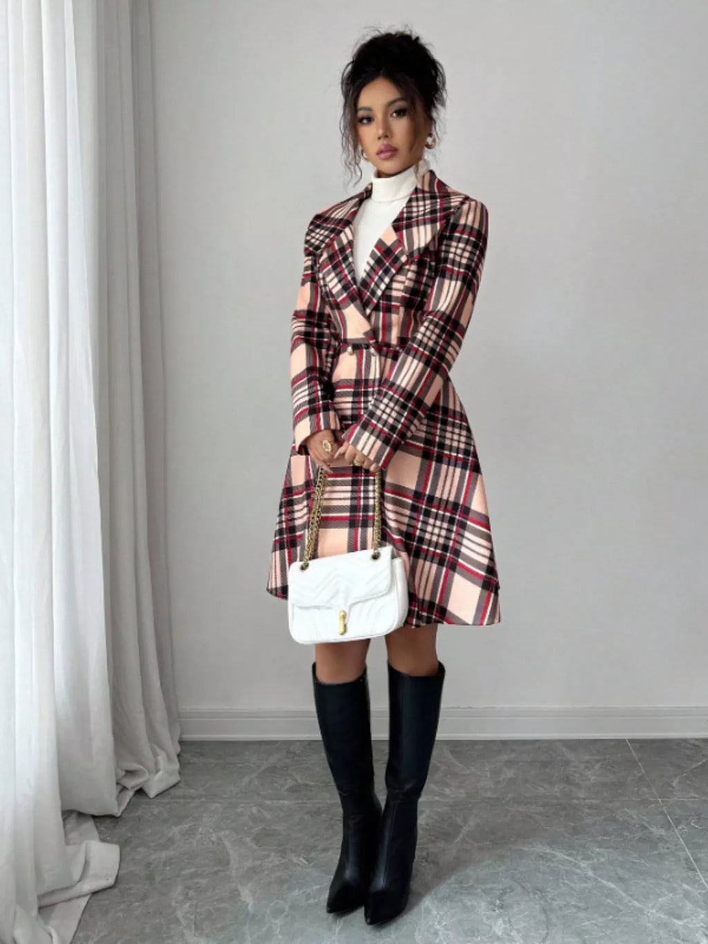 Plaid Button Up Long Sleeve Coat - Godess beauty 