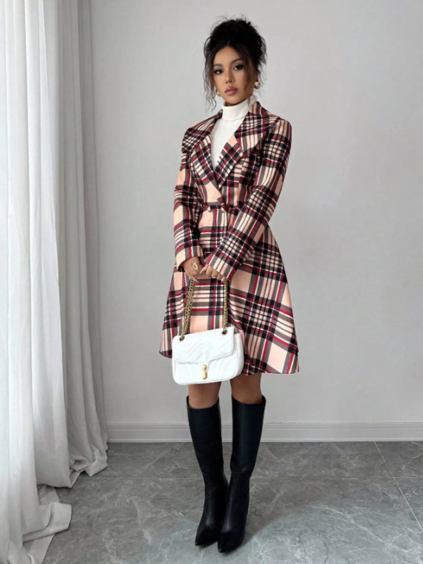 Plaid Button Up Long Sleeve Coat - Godess beauty 