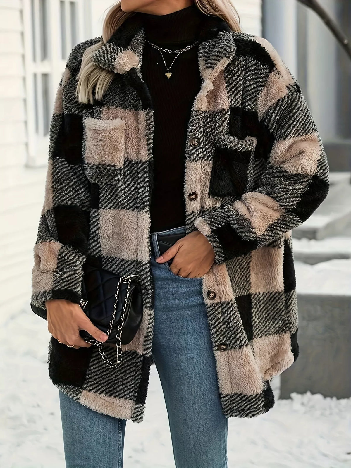 Plaid Fleece Button-Down Outerwear - Godess Beauty  #