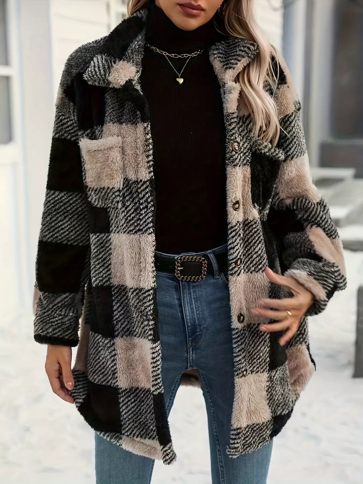 Plaid Fleece Button-Down Outerwear - Godess Beauty  #