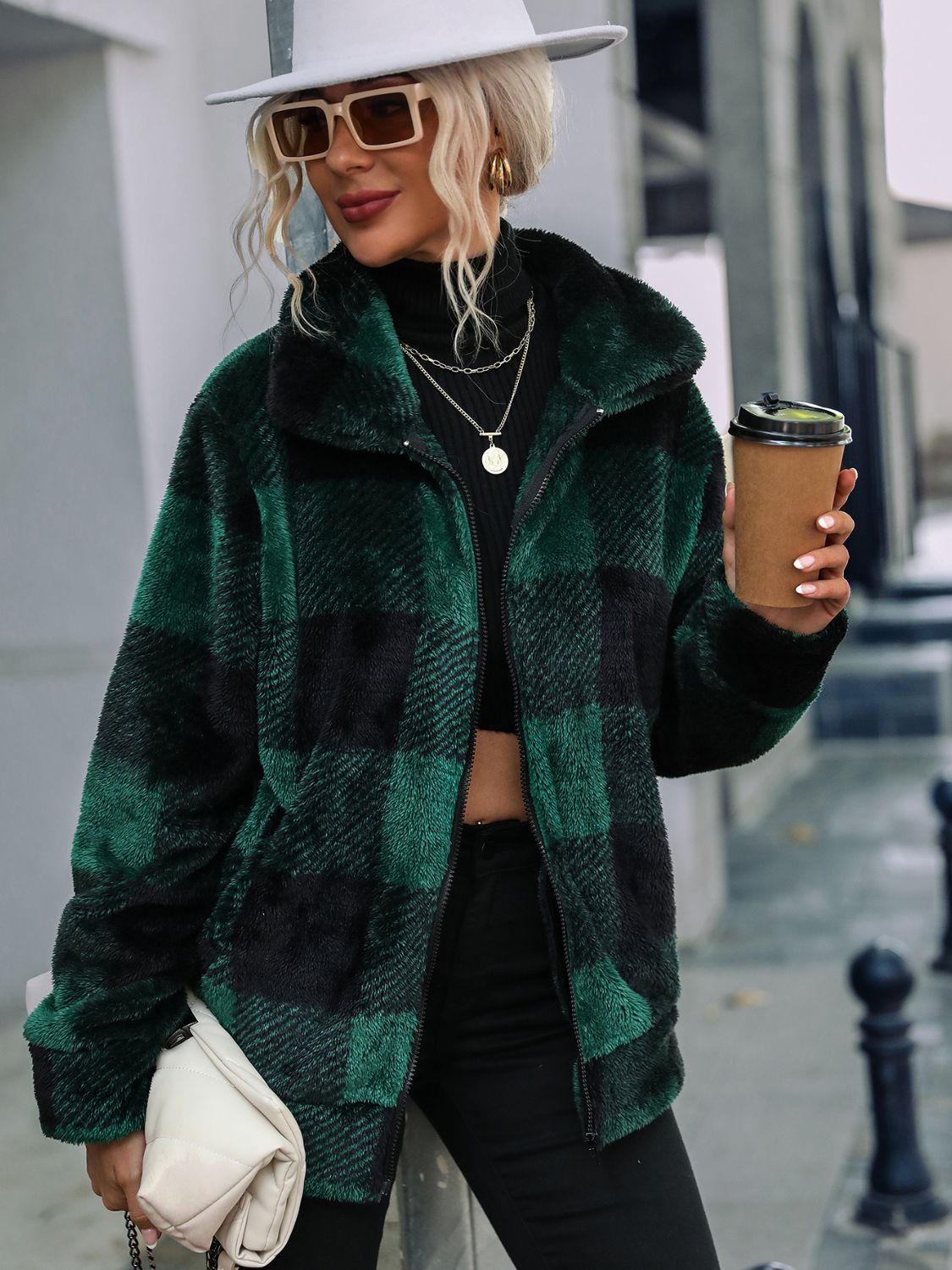 Plaid Zip-Up Collared Jacket - Godess Beauty  #
