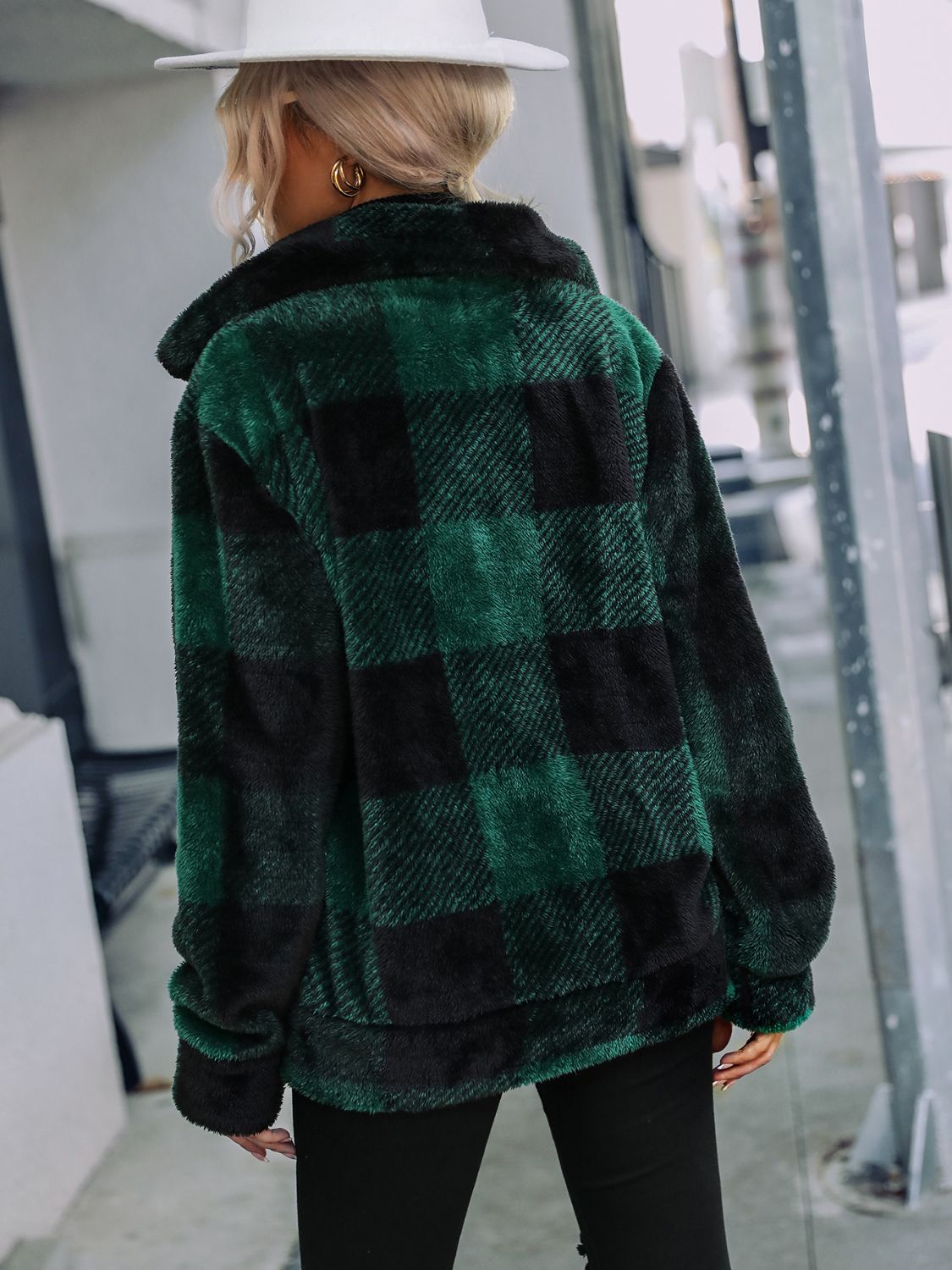 Plaid Zip-Up Collared Jacket - Godess Beauty  #