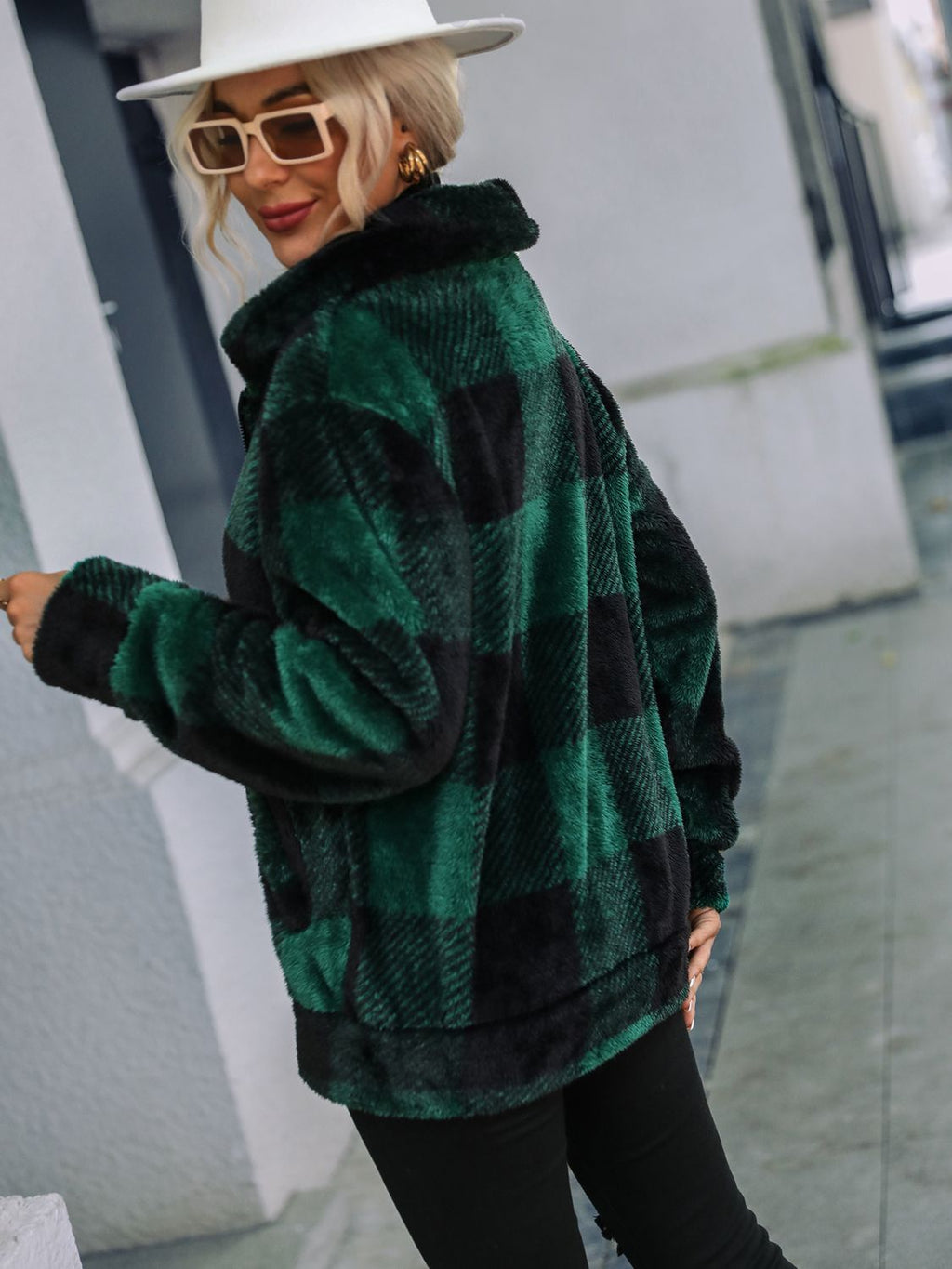 Plaid Zip-Up Collared Jacket - Godess Beauty  #