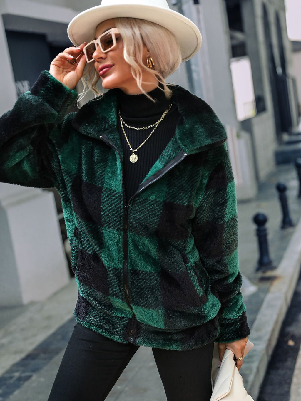 Plaid Zip-Up Collared Jacket - Godess Beauty  #